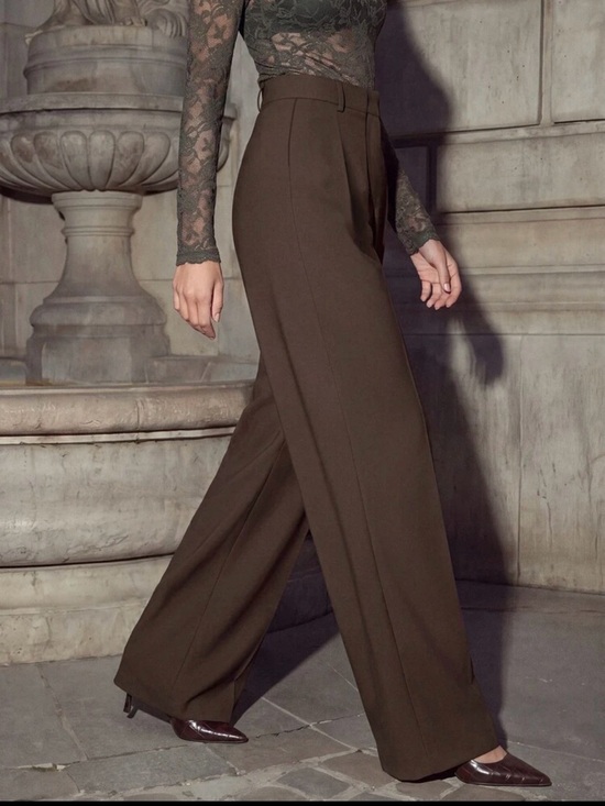 Pants - High-Waist Wide-Leg Women's Trousers - Brown